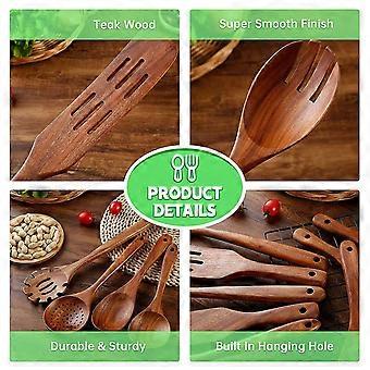 Set Di Cucchiai In Legno Di Teak Per Cucina - 7 Utensili Da Cucina Con Supporto - Antiaderenti, Adatti A Pentole Antiaderenti - Regalo Ideale Per Inaugurazione Casa - 4