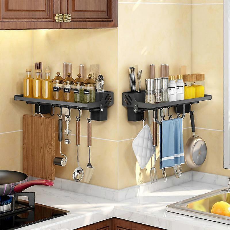 Kitchen Spice Rack Wall Mounted with 6 Removable Hooks, 40cm (Black)