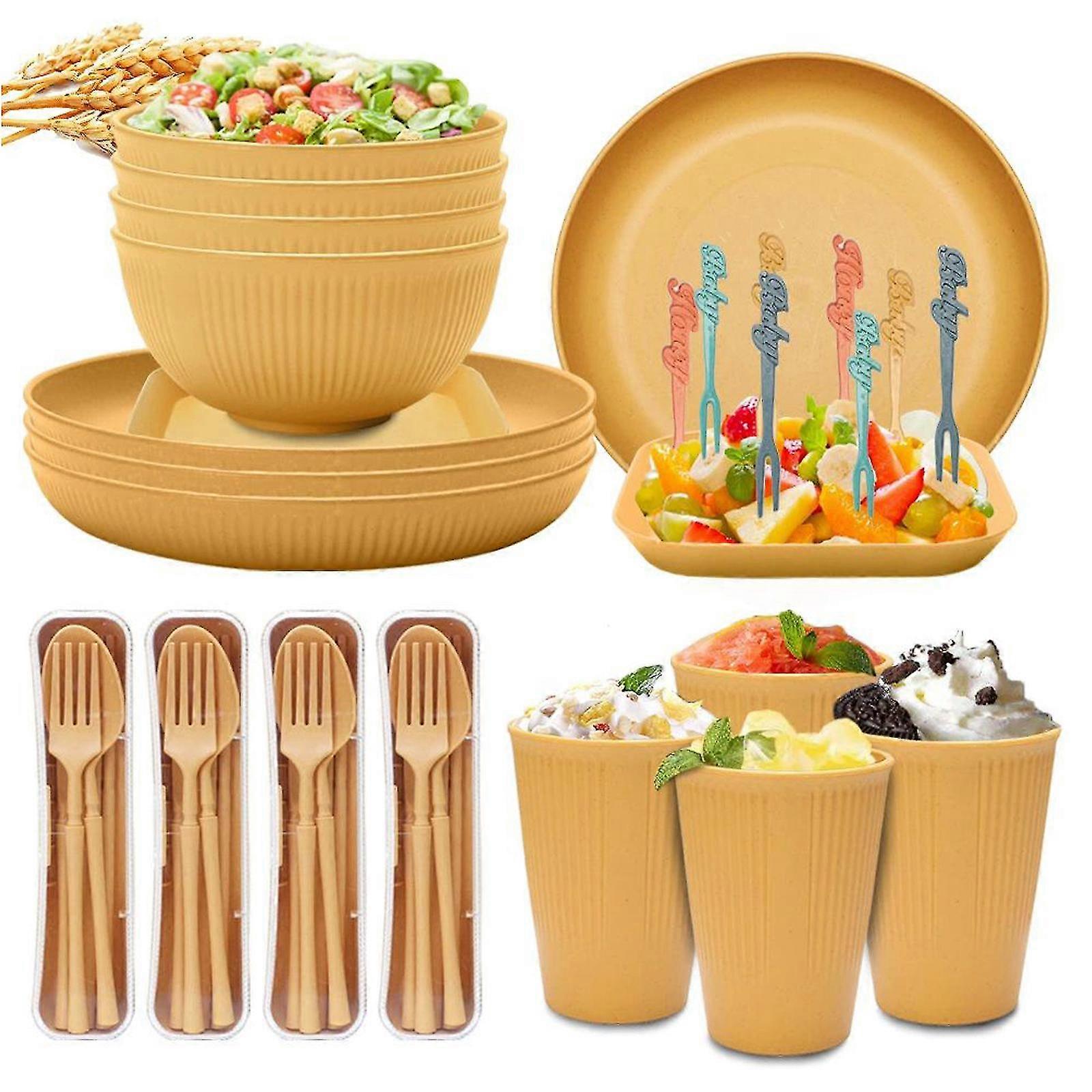 48 jogos de louça de palha de trigo amarelo (8,85 polegadas placa de jantar /22.5*3.5cm+5.9 polegadas Cereal Bowl/15*7.5cm+ Water Cup 8.5*11cm