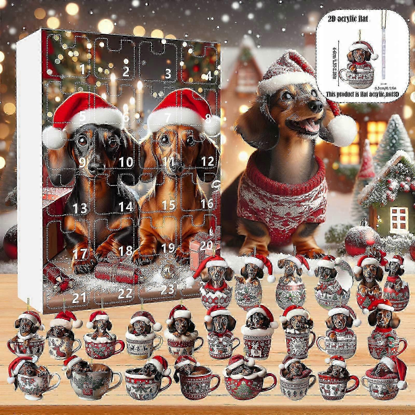 Advent Calendar 2024 Women 2024 Festival Vacation Advent Calendar 24 Day Christmas Countdown Calendar Dachshund Pendant With Santa Hats 2D Xmas Tree C