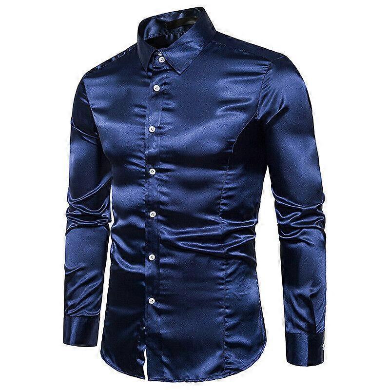 Moda Uomo Lucido Raso Abito Camicia Button Down Top Tee Camicetta Camicie 10 colori