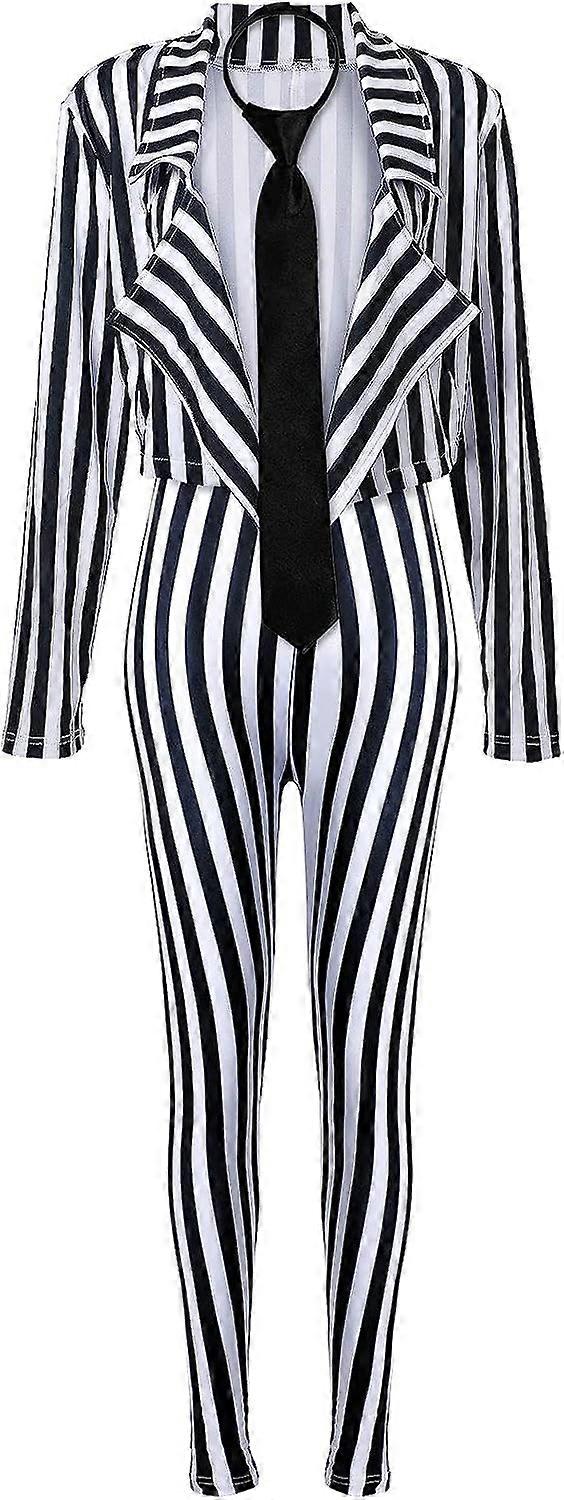 Women's Black White Vertical Striped Kit Include Blazer Length Pant with Tie