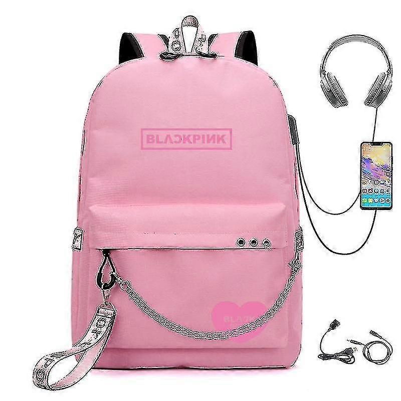 Black Pink Printed Usb Rechargeable Backpack Casual Student School Bag