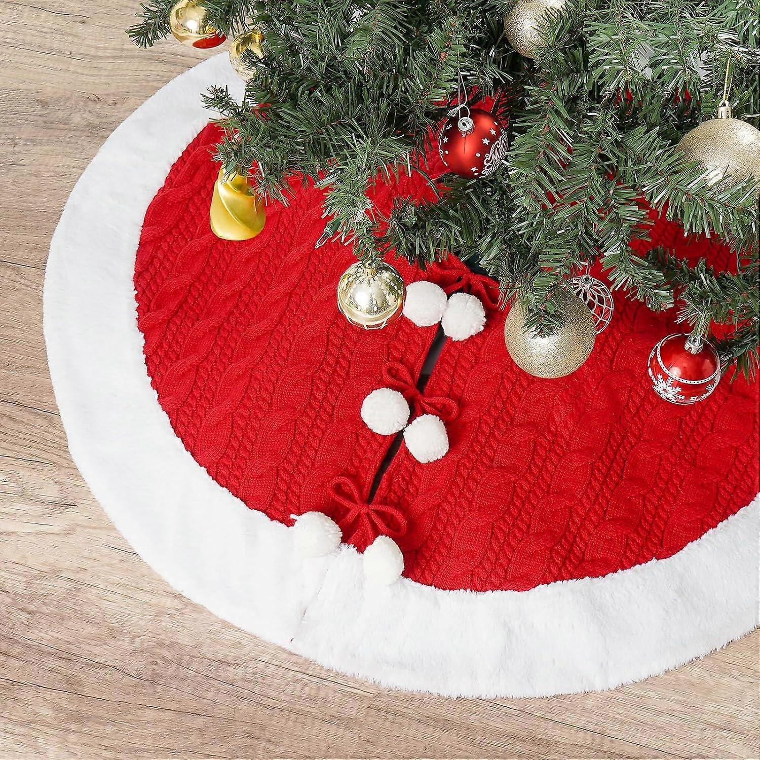 Christmas Pencil Tree Skirts White Faux Fur and Red Knit Design Christmas Tree Skirt