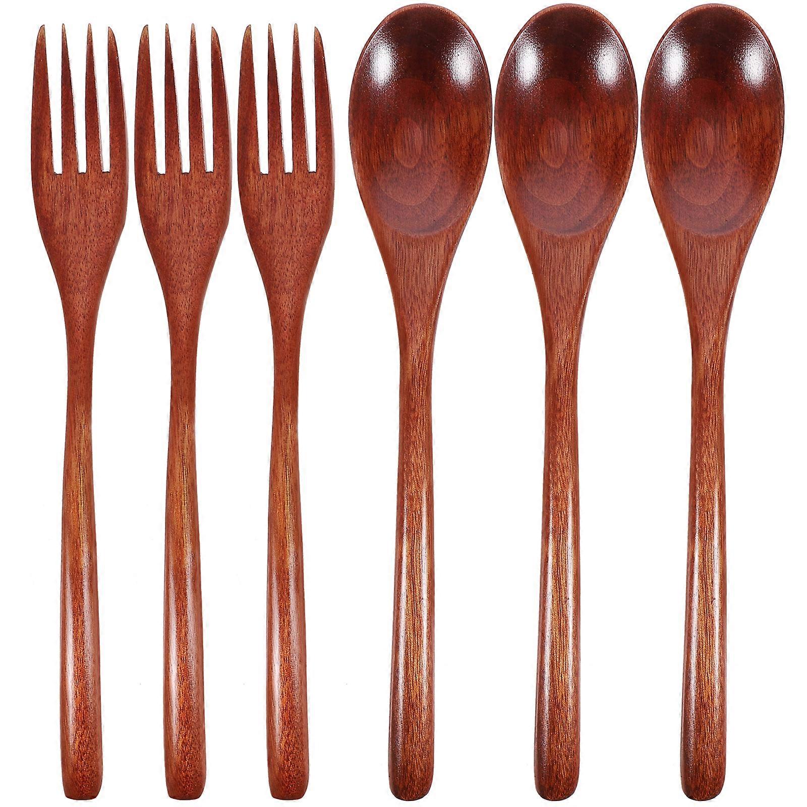 6pcs Wooden Forks and Spoons Wood Tableware Cake Spoons and Forks Dinner Tablewares
