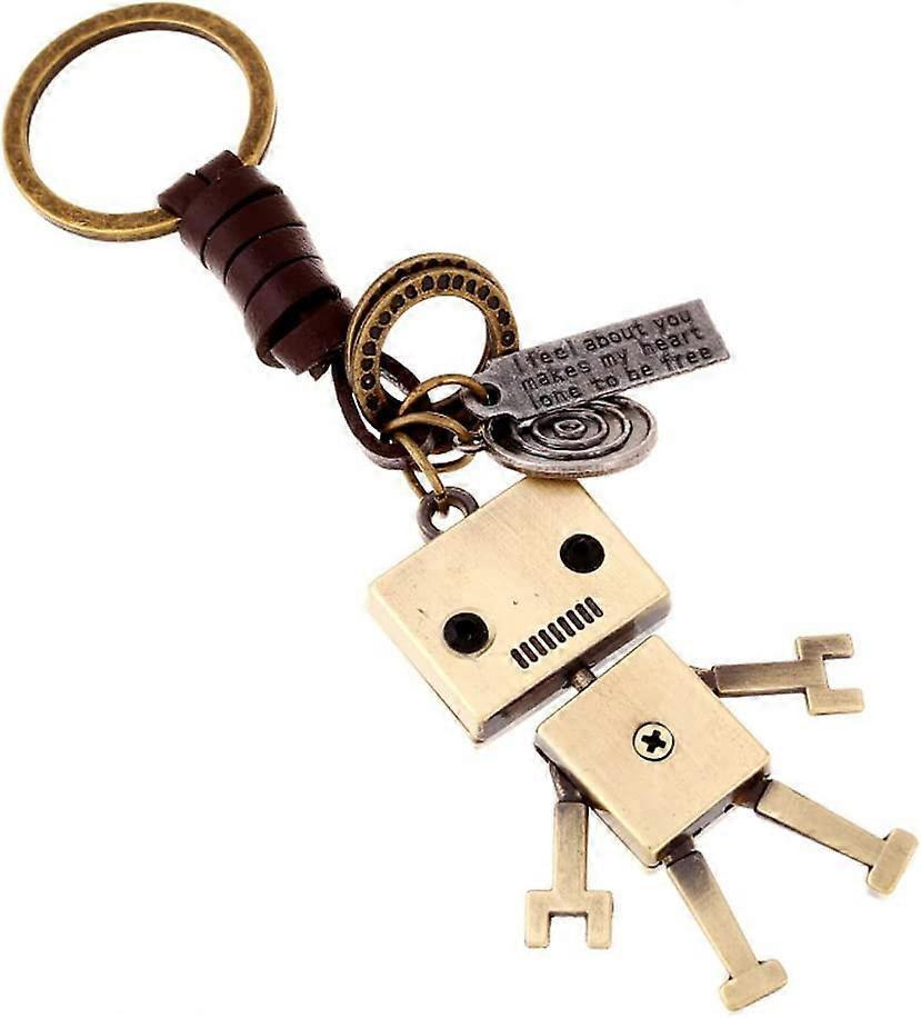 Hand-woven leather keychain creative movable alloy robot keyring Pendant Car Key Chain