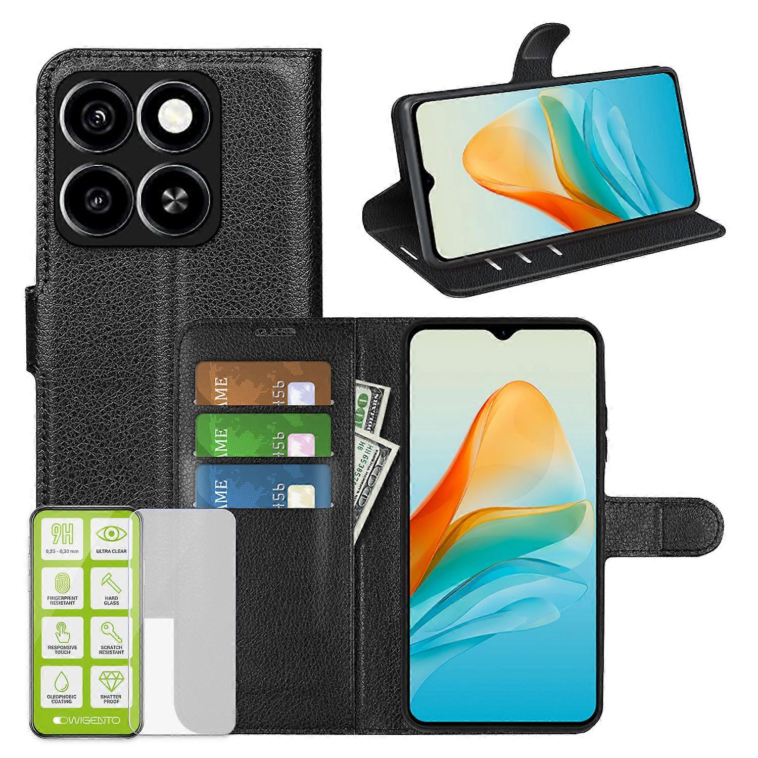 For ZTE Blade A55 Faux Leather Book Wallet Case Case + H9 Tempered Glass