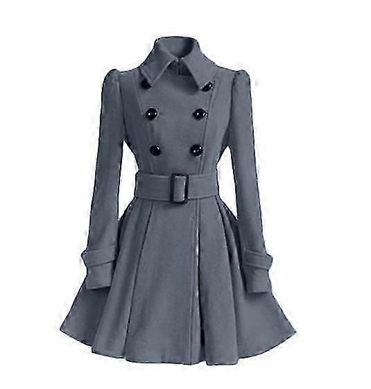 Kvinnors höst dubbelknäppt ull ärtkappa med bältesspänne fjäder halvlång kavajslag klänning kappa