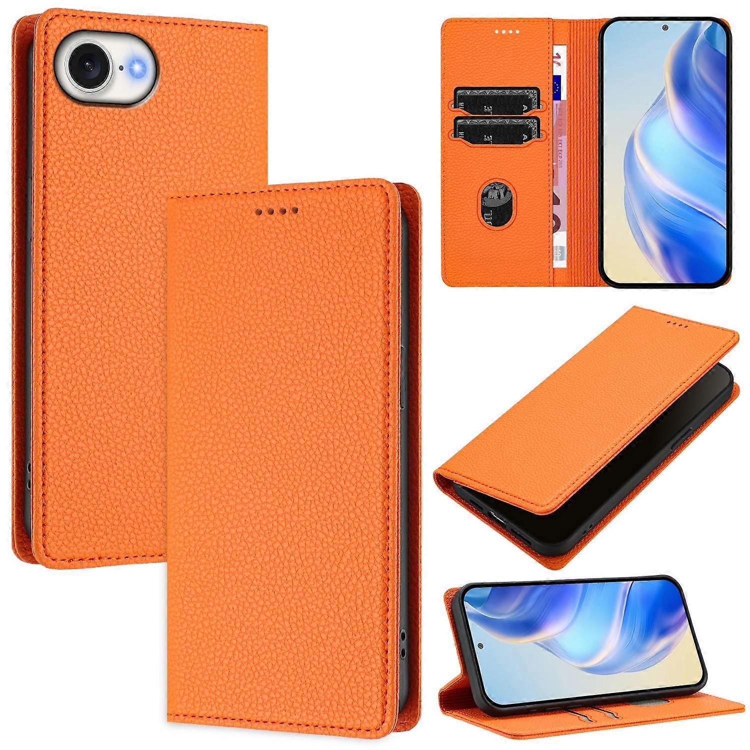 For iPhone 16e Wallet Case RFID Blocking Litchi Texture Leather Mobile Cover-Orange