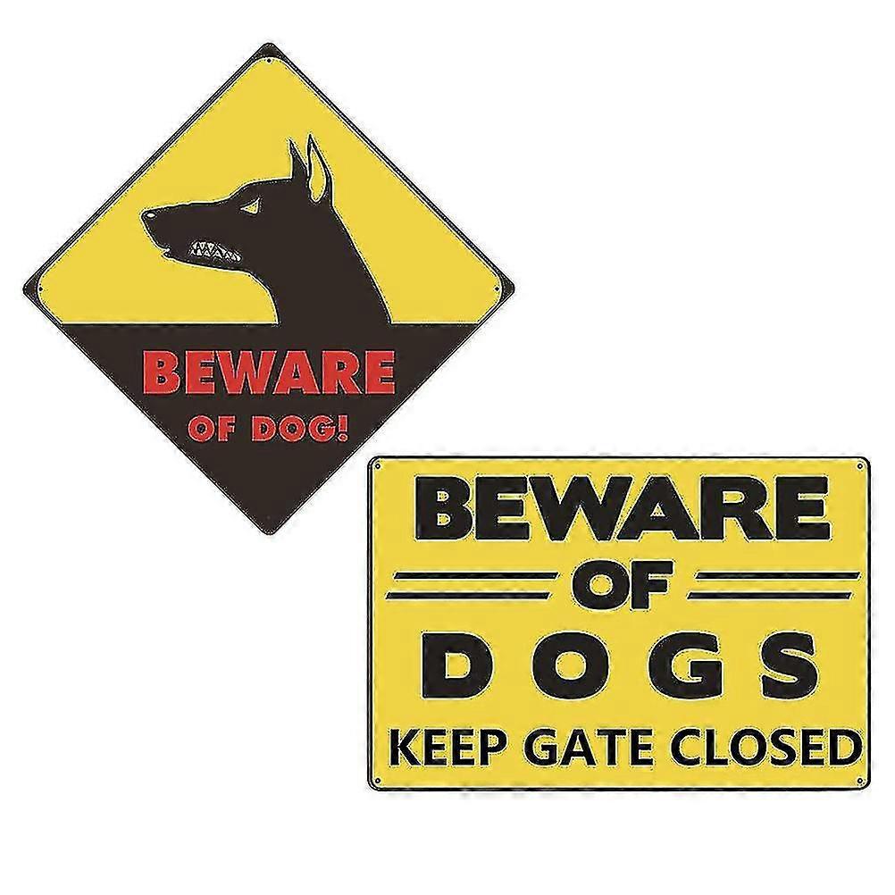 2PCS حذار من الكلب علامات تحذير خمر علامات زخرفية اللوحة المعدنية القصدير علامات