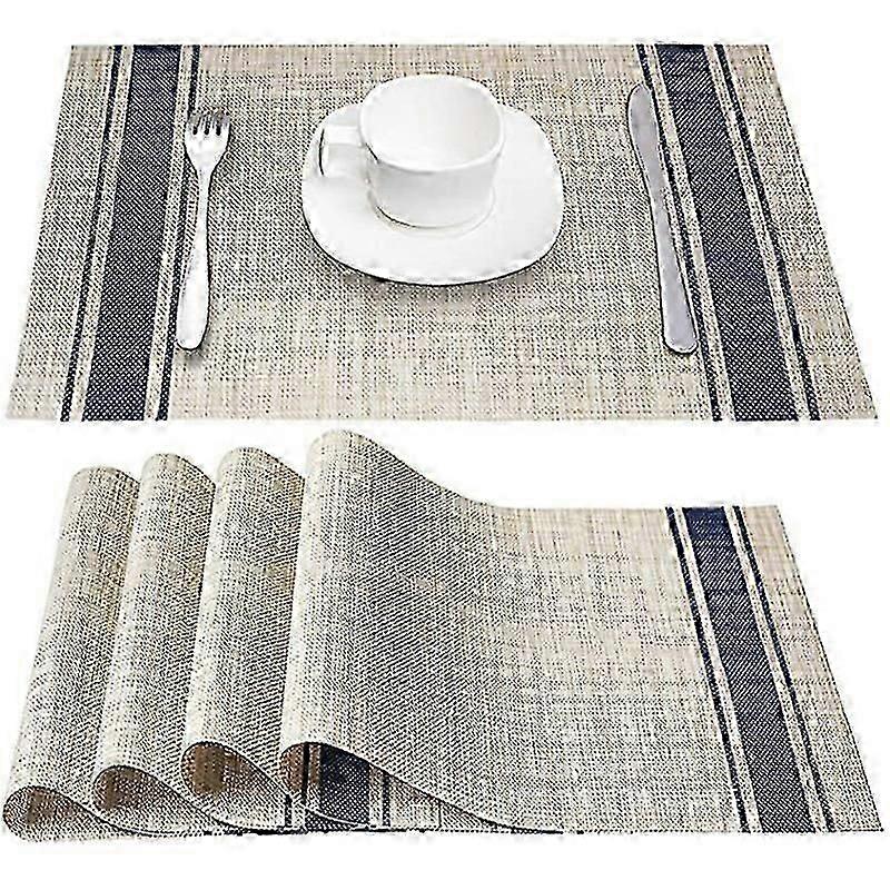 Set Of 6 30 X 45cm Dining Table Placemats Heat-tolerant Kitchen Table Mats - Navy Stripe No Stain Khaki Vinyl Woven Rectangle Placemats Easy To Clean