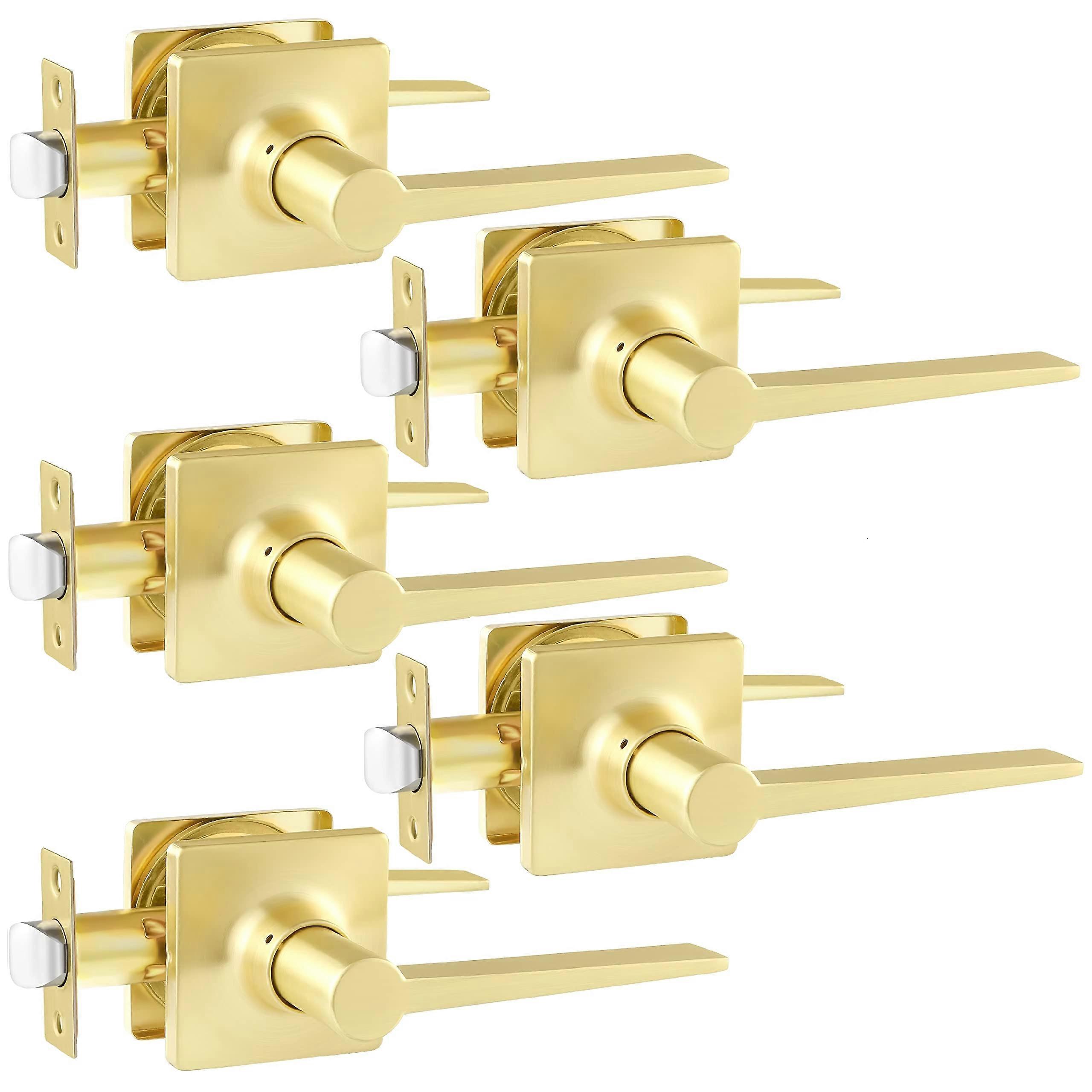 5 Pack Keyless Door Handle Set Passage Door Lever for Hall and Closet, Non-Locking Door Lever Satin Brass Finish