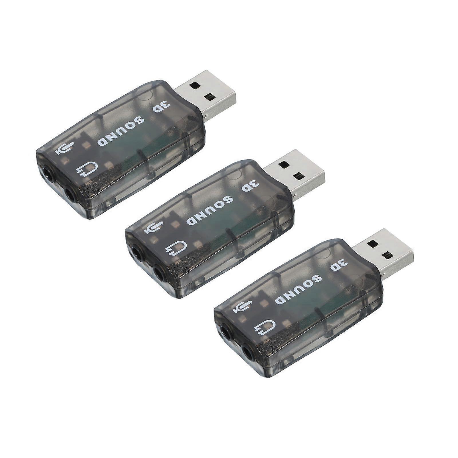 3 Pcs USB Sound Card Adapter, USB to 3.5mm Jack Audio Converter, Virtual 5.1 Surround Sound, Black Compatibility