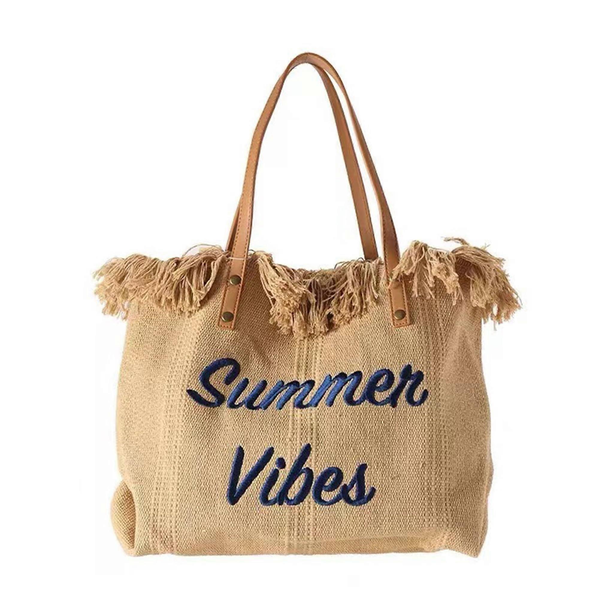 Rong Store Women Big Beach Canvas Bag Khaki Summer Tote with Tassels, Spacious Storage for Beach Essentials