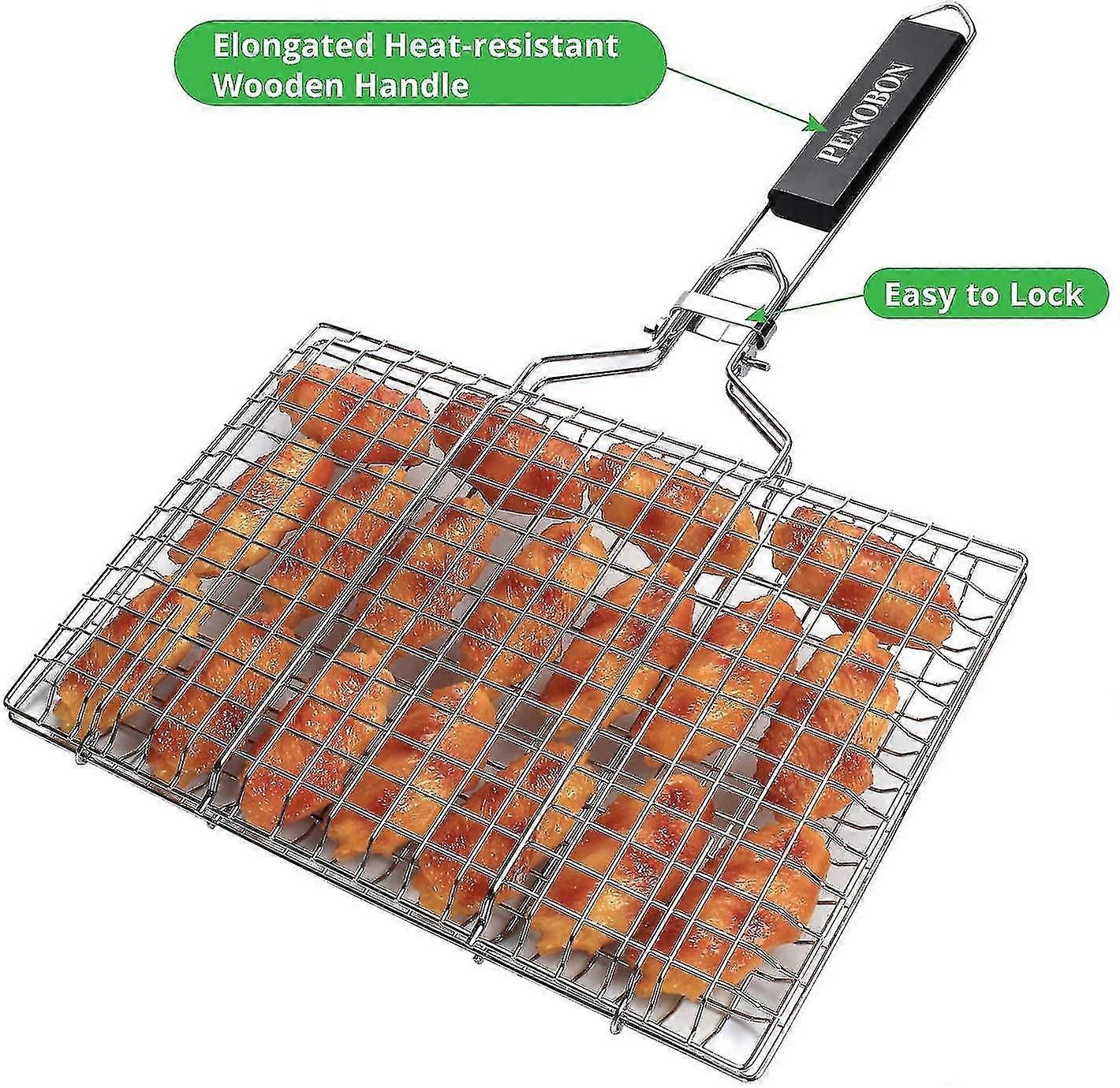 Xceedez Penobon سلة شواء للشواء، قابلة للطي من الفولاذ المقاوم للصدأ، لطهي الأسماك أو الخضروات أو الروبيان، مع مقبض قابل للفصل، فرشاة باستينغ