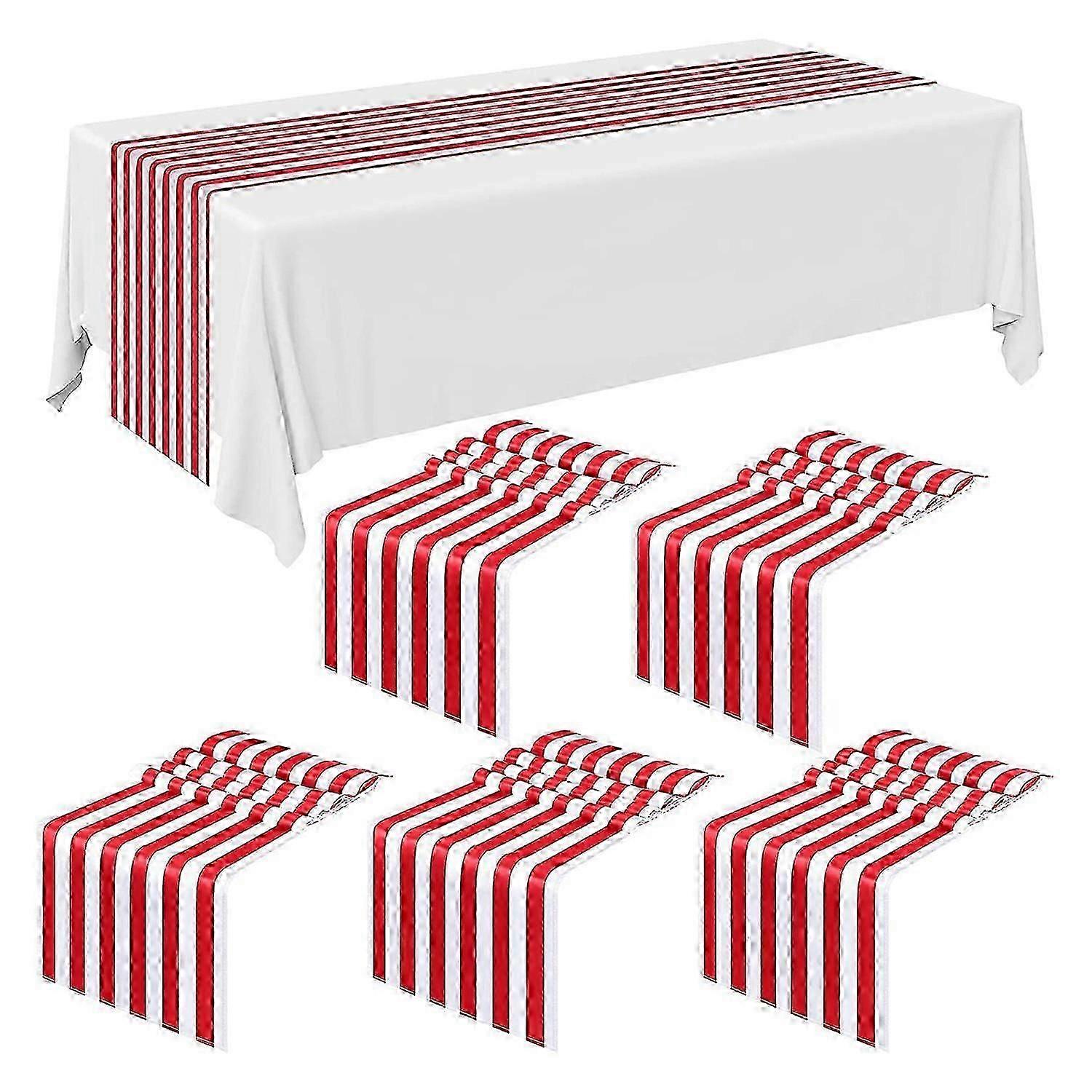 6 Pieces Striped Table Runner Wedding Polyester Table Decor Red White Striped Design Tablecloth Dec
