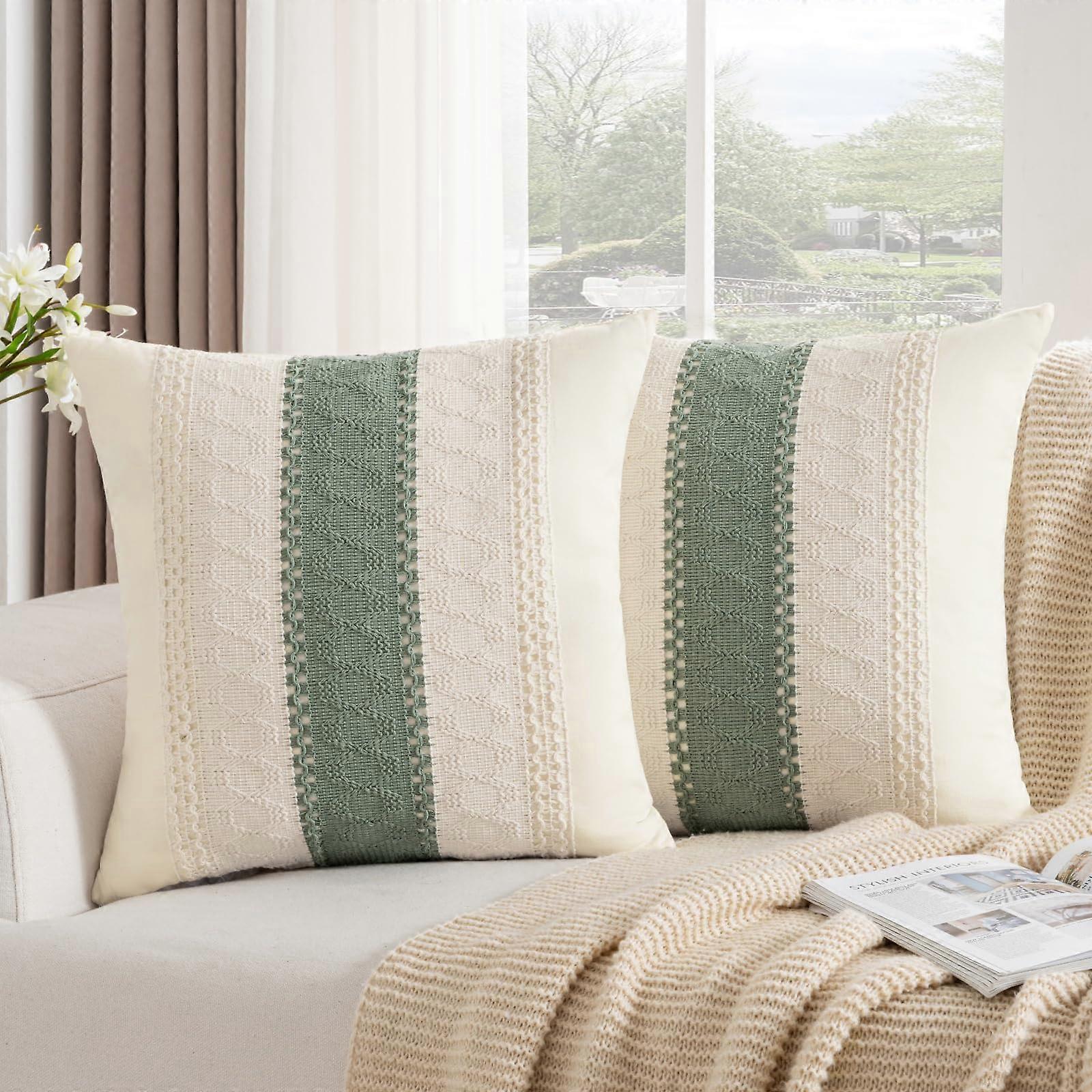 Cushion Cover 45 x 45 Cm Boho Cotton Sage Green Striped Woven Textured Decorative Sofa Cushion Set Of 2 With Hidden Zip