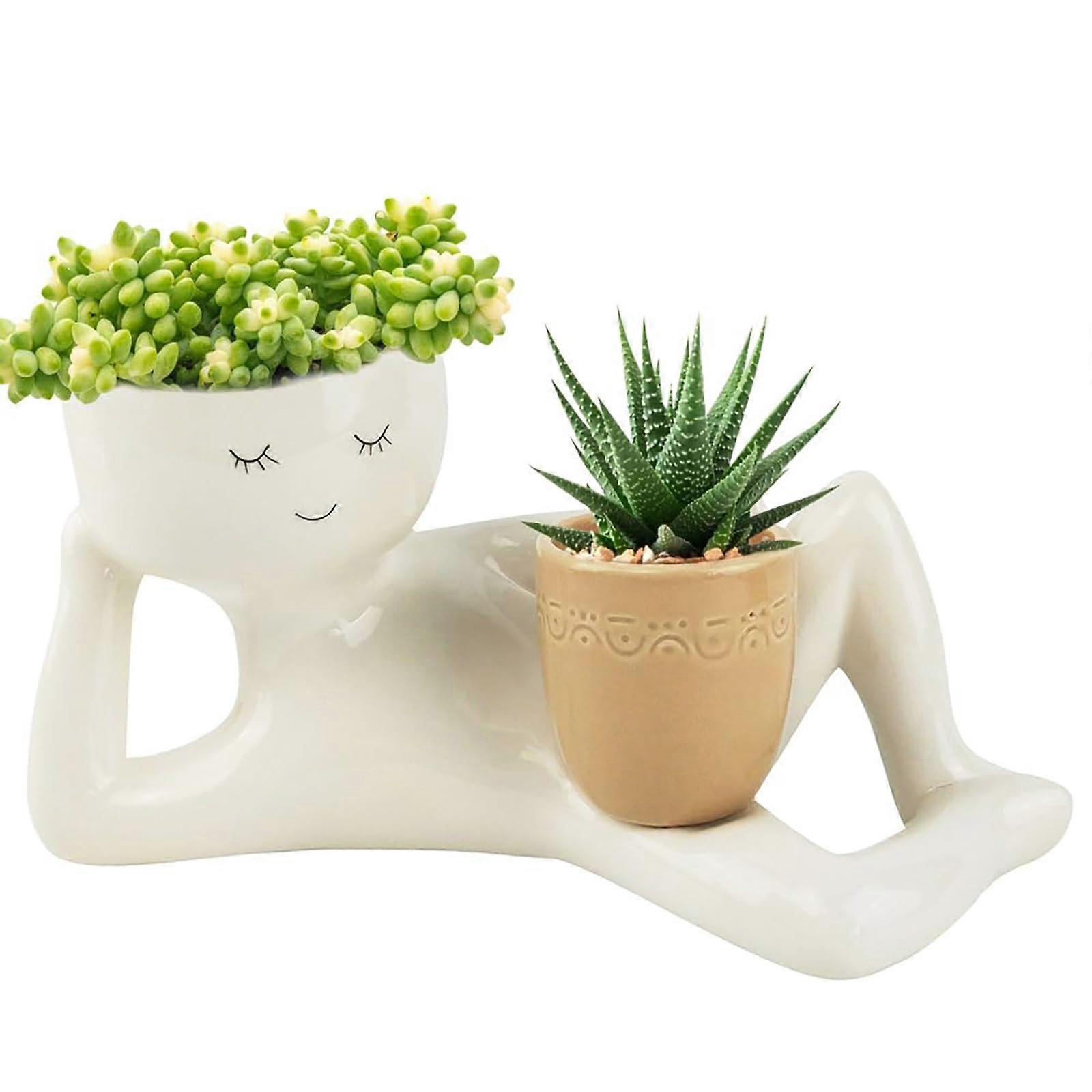 Lazy Guy Planter with Drainage Hole, Cute Resin Flower Head for Indoor Plants, Unique Lying Figure Design, Ideal Gift for Plant Lovers