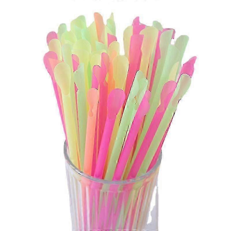 100-1000pc Disposable Straws With Spoon Colored Plastic Smoothie Straws -tt