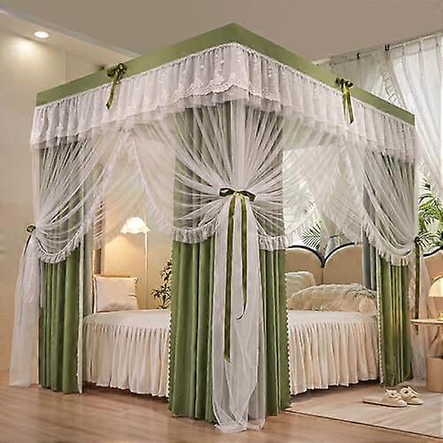 Doublelayered canopy curtain with ruffles, princess mosquito net, 4 openings, net for girls and adults, bedroom decor in sage green, California King.