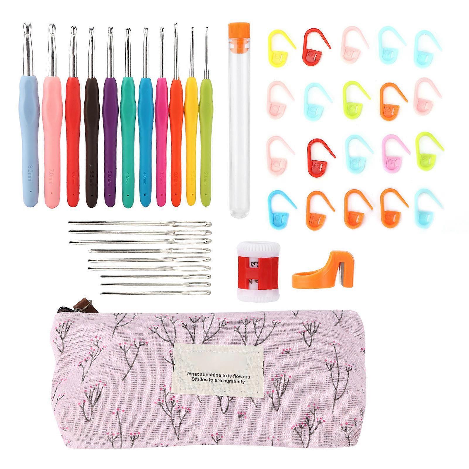 11 Pcs Crochet Hook Pink Leaf Bag Soft Handle TPR Knitting Tool Set with Storage Bag