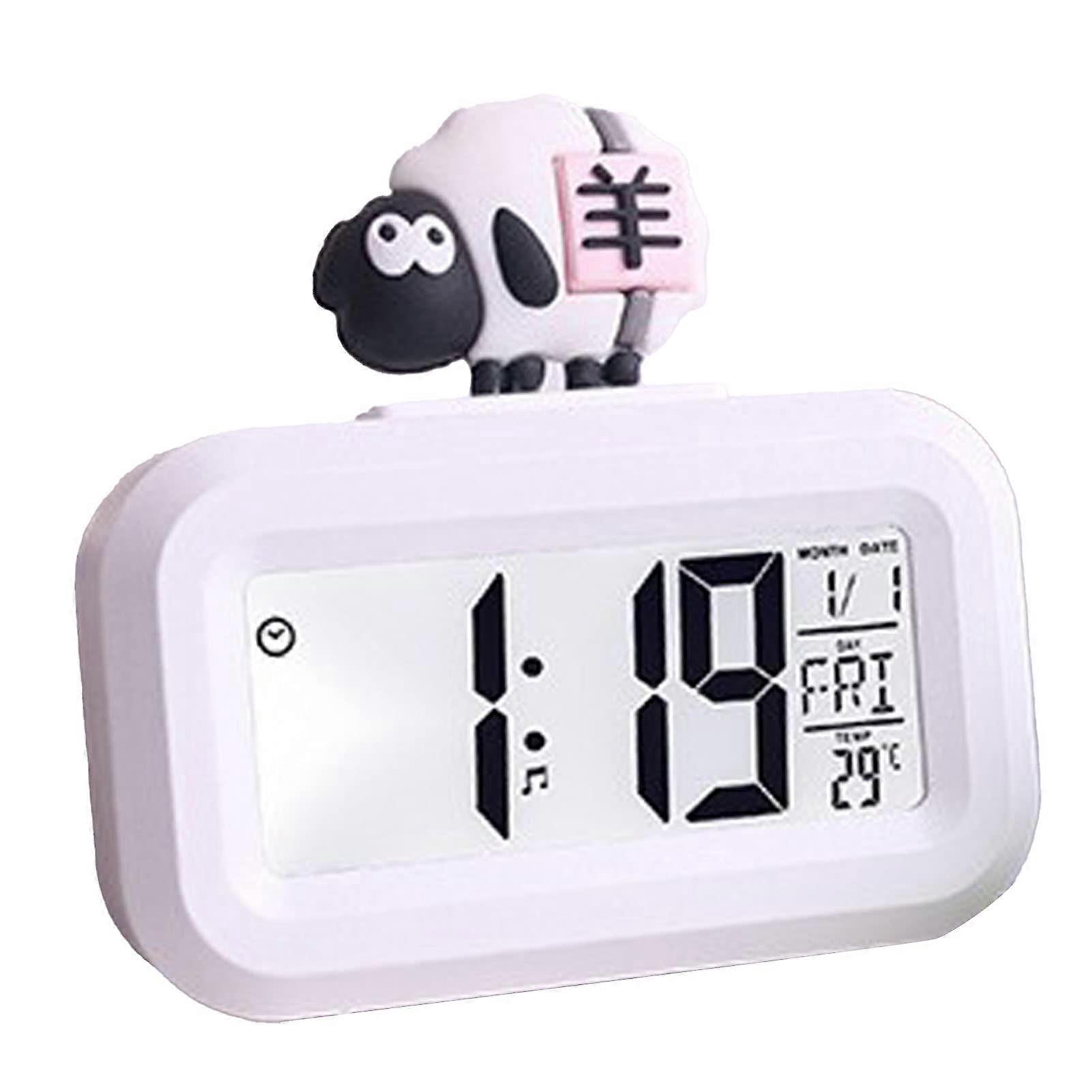 Cartoon LED Alarm Clock with Temperature Calendar for Kids Bedroom Desk (White Sheep)