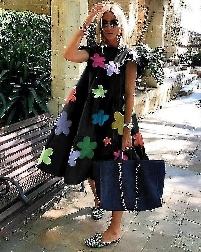 Retro Oversized Patchwork Klänning Kvinnors Elegant O-ringning Volangärm Midi Klänningar Summer Kvinna A Line Ruffled Sundress