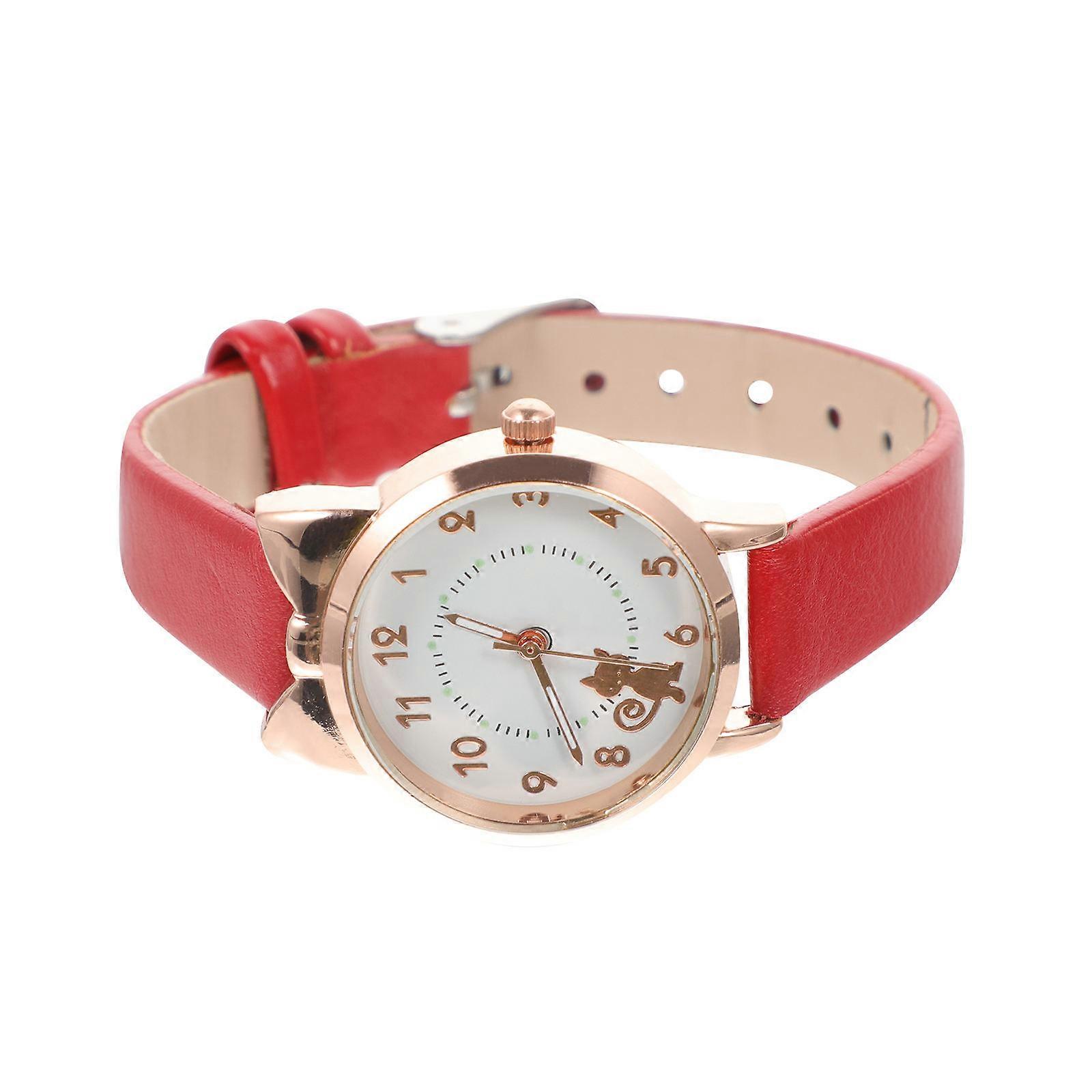 Stylish Cartoon Kitten Quartz Watch for Children Red Leather Timekeeping 1Pack
