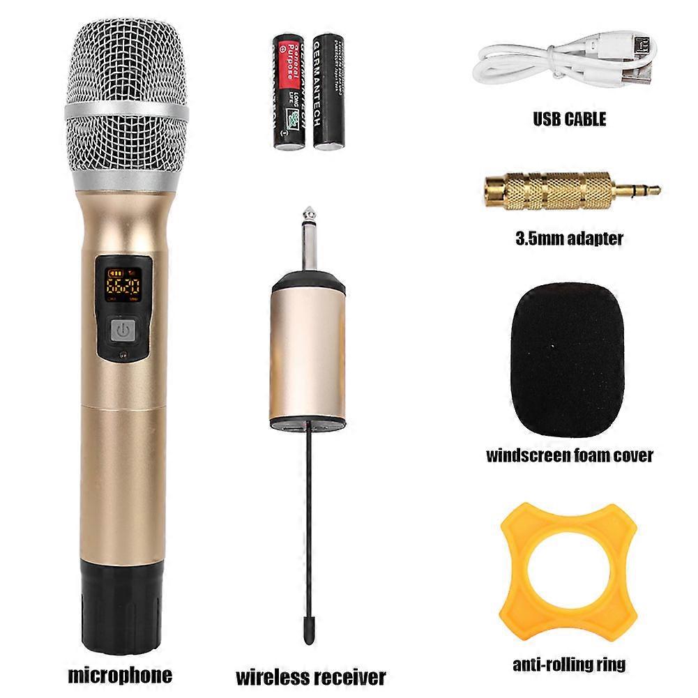Portable UHF Wireless Handheld Microphone with Receiver AA Battery for Conference Speech Golden