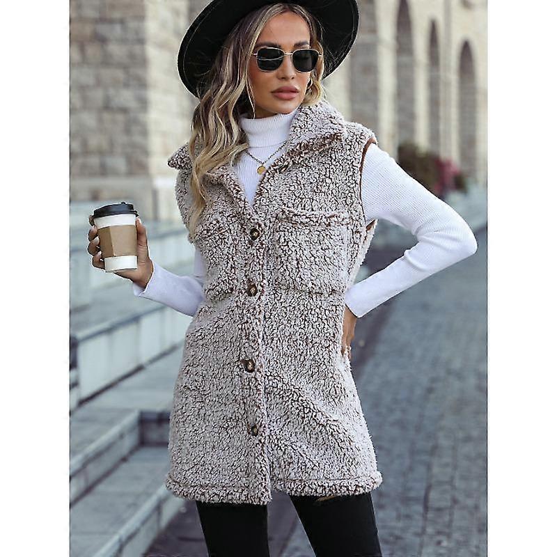 Autumn and Winter Women's Vest Lapel Sleeveless Long Loose Casual Faded Bubble Velvet Cardigan Vests