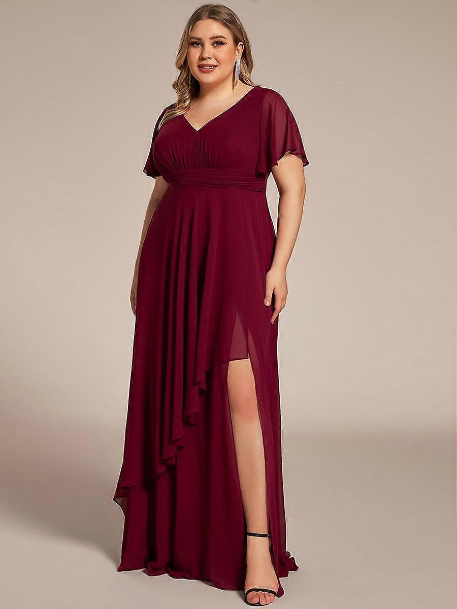 Ever-Pretty Women's Plus Size Side Slit V Neck Short Sleeves Ruched Chiffon Formal Evening Dresses