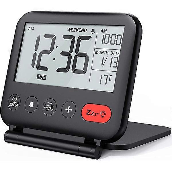 Digital travel alarm clock, mini portable LCD, backlight, calendar, temperature