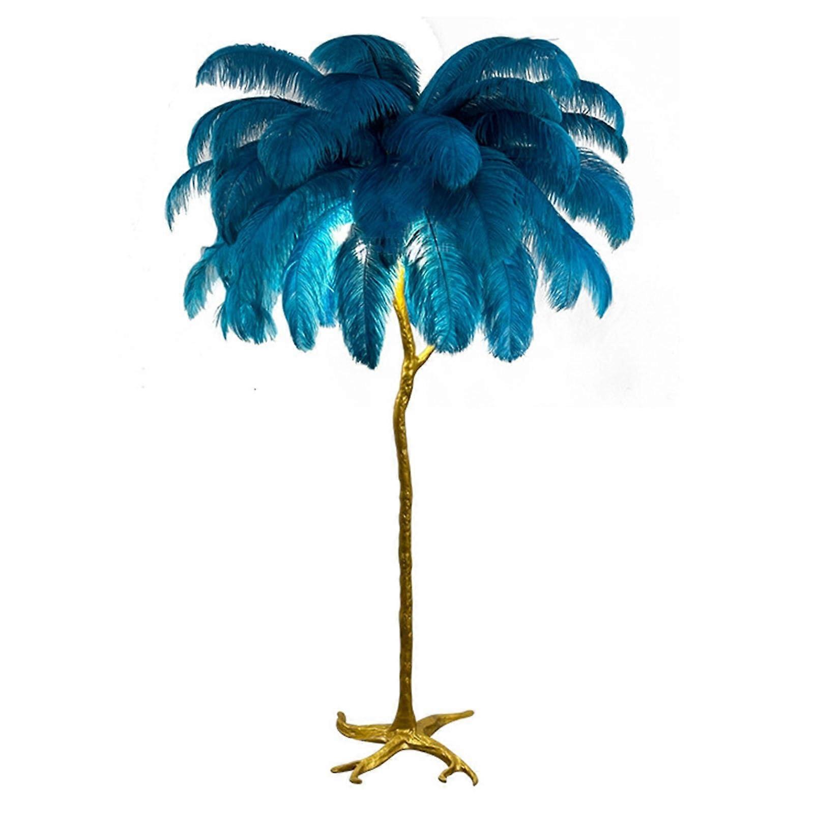 Adjustable LED floor lamp with natural ostrich feathers, ideal for bedroom, blue, 110x170cm, foot switch