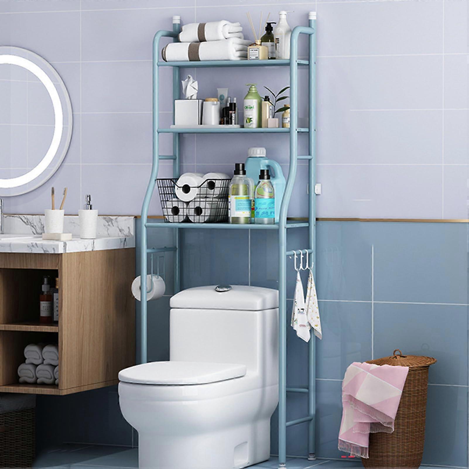Toilet Storage Rack Free Standing Metal Shelf With Toilet Roll Holder Hooks Blue Space Saving Organizer