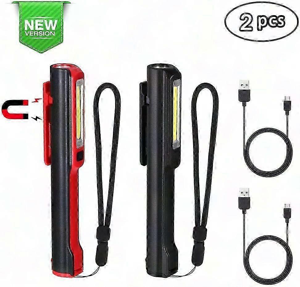 Rechargeable LED Work Light - 2 Pack 350 Lumens COB Flashlight with Magnetic Clip, 2-in-1 Camping Lamp for Home, Garage, Workshop, Hiking