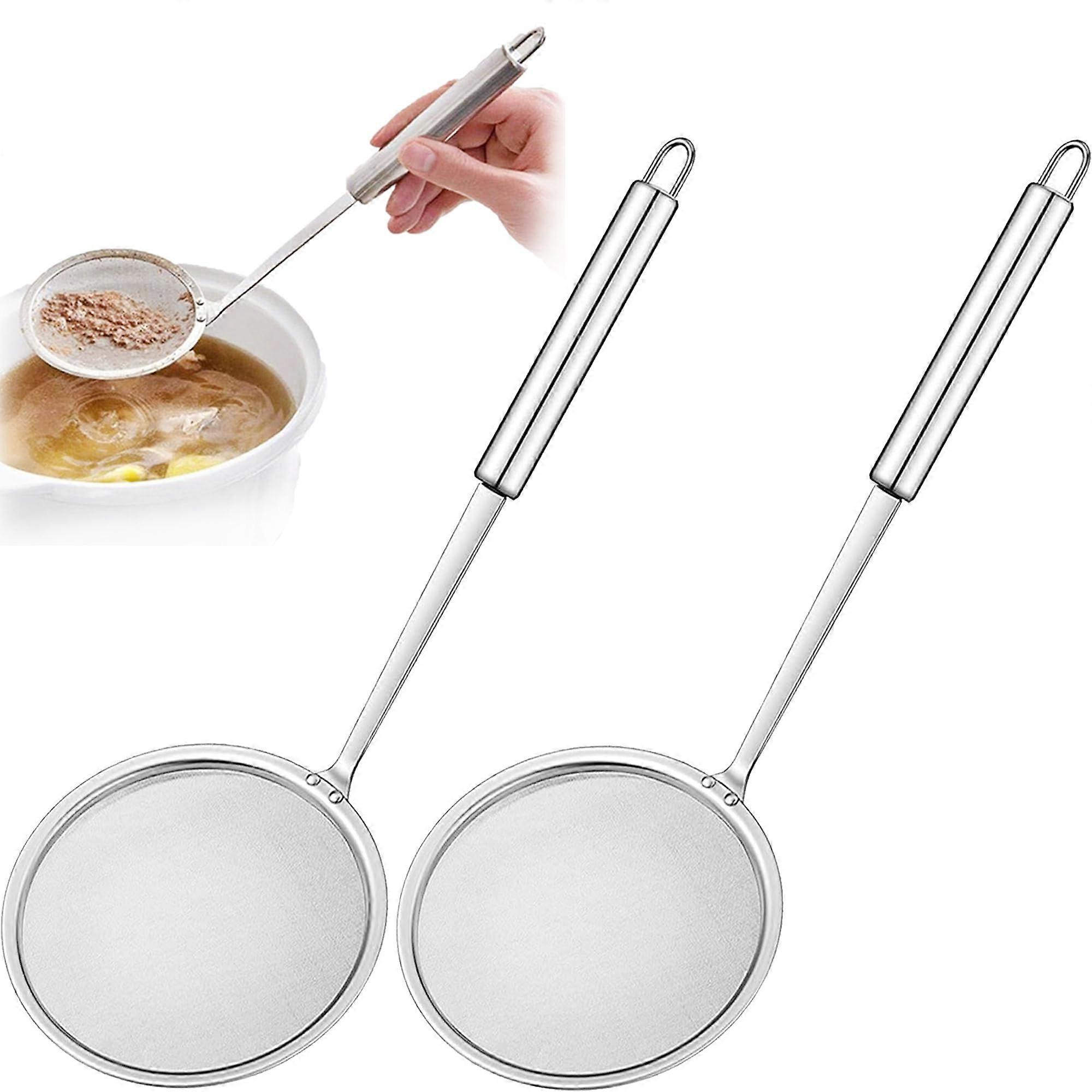 Stainless Steel Fine Wire Mesh Oil Filter Spoon With Long Handle, 2 Pack, Oil Strainer For Frying, Silver