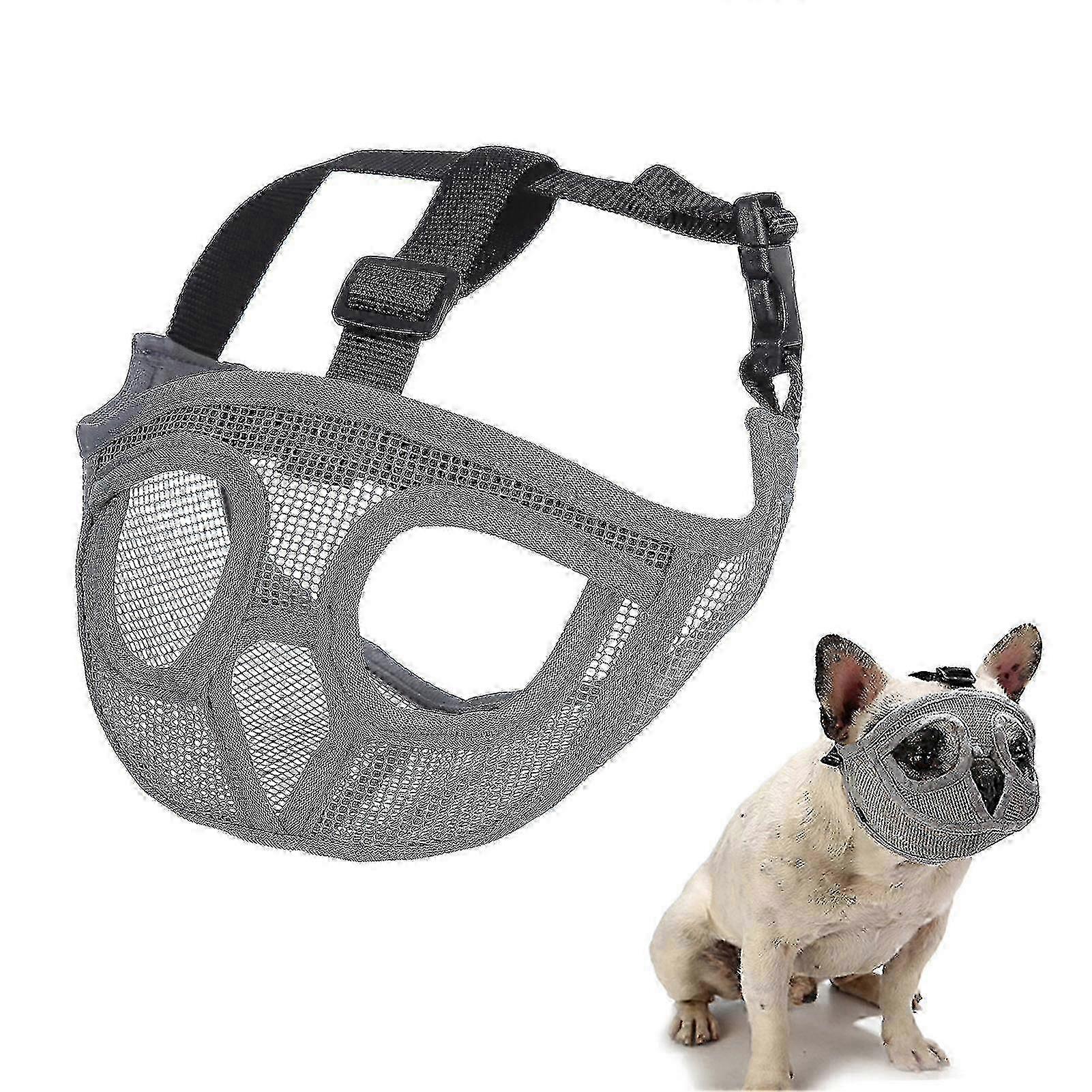 Breathable mesh muzzle for bulldog - Adjustable short snout design-Medium-Grey