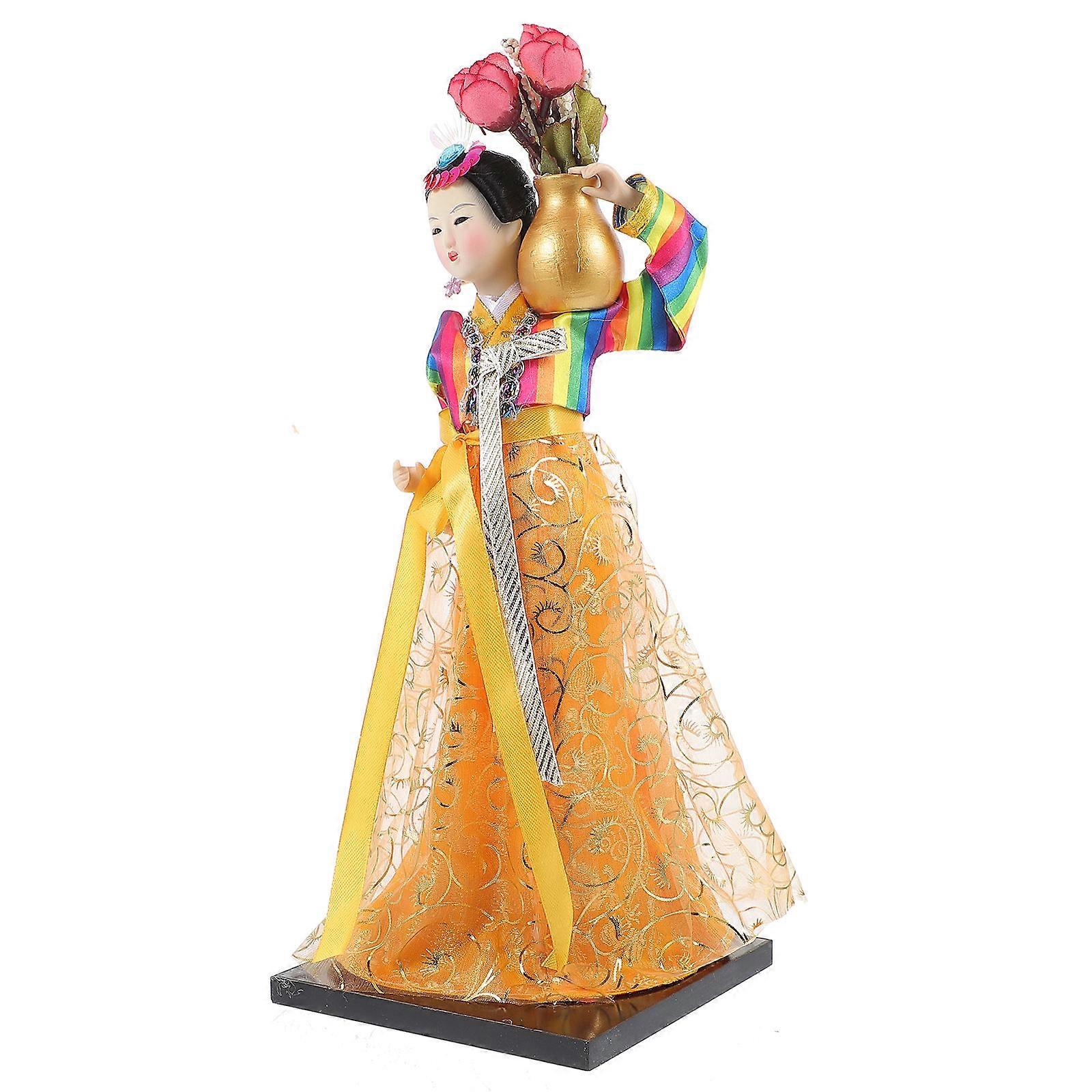 Korean Hanbok Doll Figure Collectible Home Decoration Unique Orange Statue 1Pcs