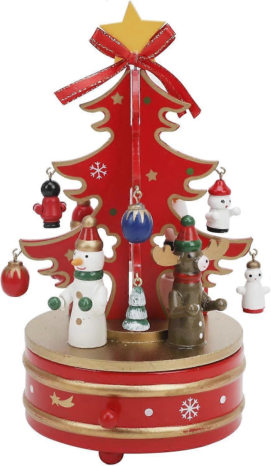 Red Carousel Music Box with 4 Figurines, Wooden Rotating Wind-Up Christmas Tree