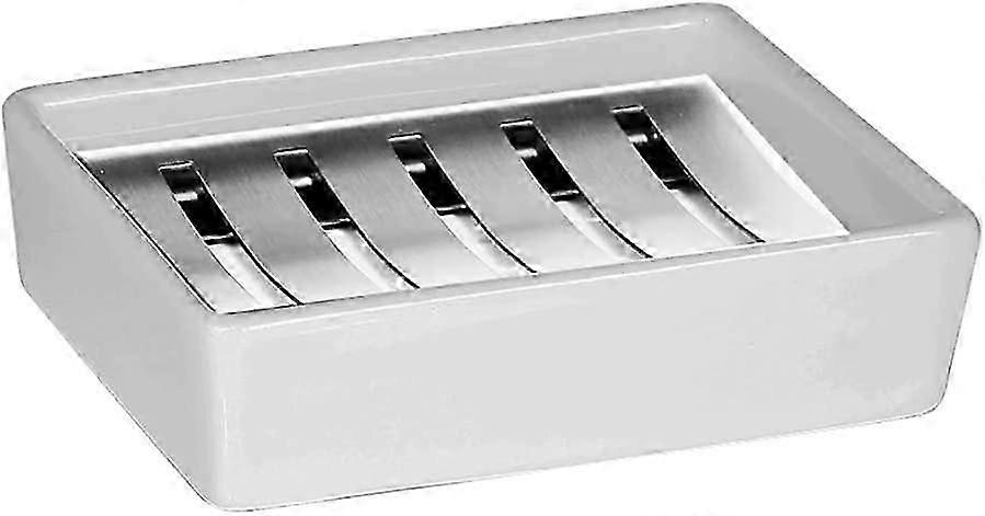 Soap dish, ceramic dish stainless steel rack soap box, double drain, creative rectangular soap dish, bathroom soap holder