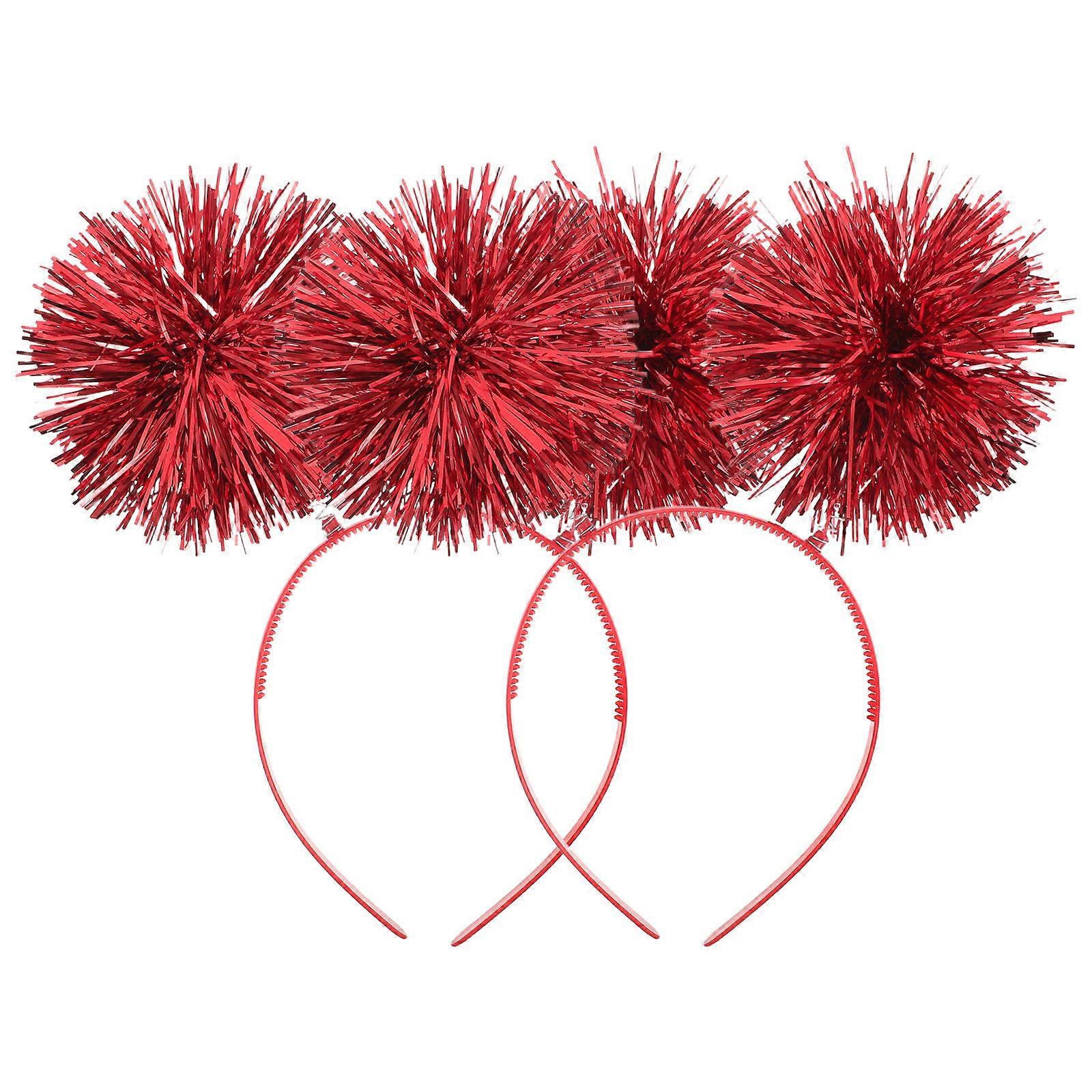 Red Pom Pom Headband for Festive Events with Foil Strips 4Pcs