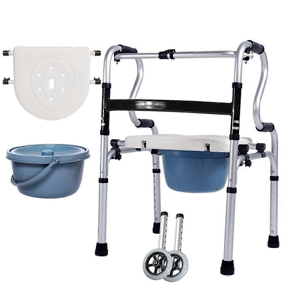 Folding Walker With Wheels Toilet Chair With Bucket And Shower Seat Adjustable Mobility Aid For Elderly