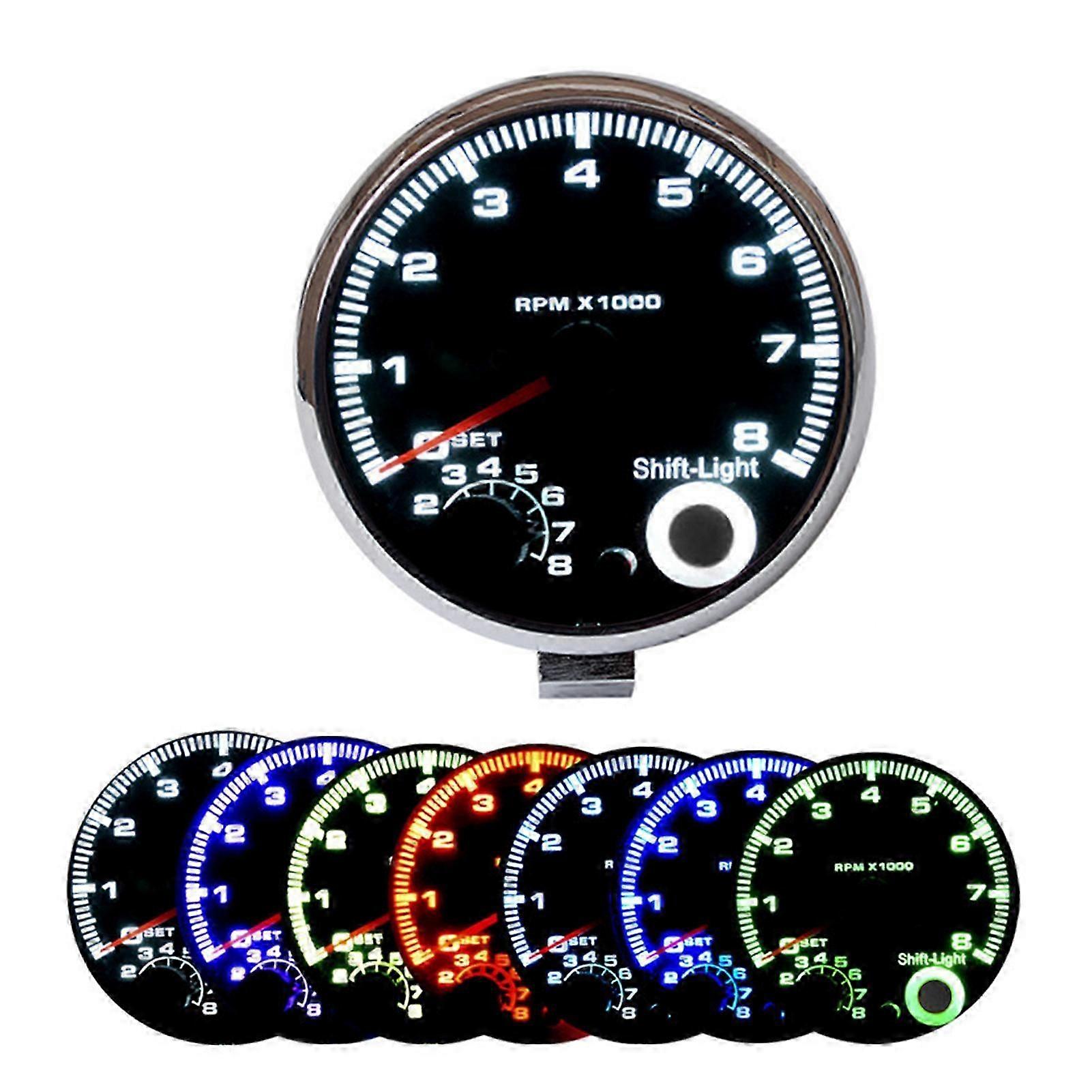 7 Led Colors Background Light 3.75' Car Universal Black Tachometer Gauge Blue Inter Shift light