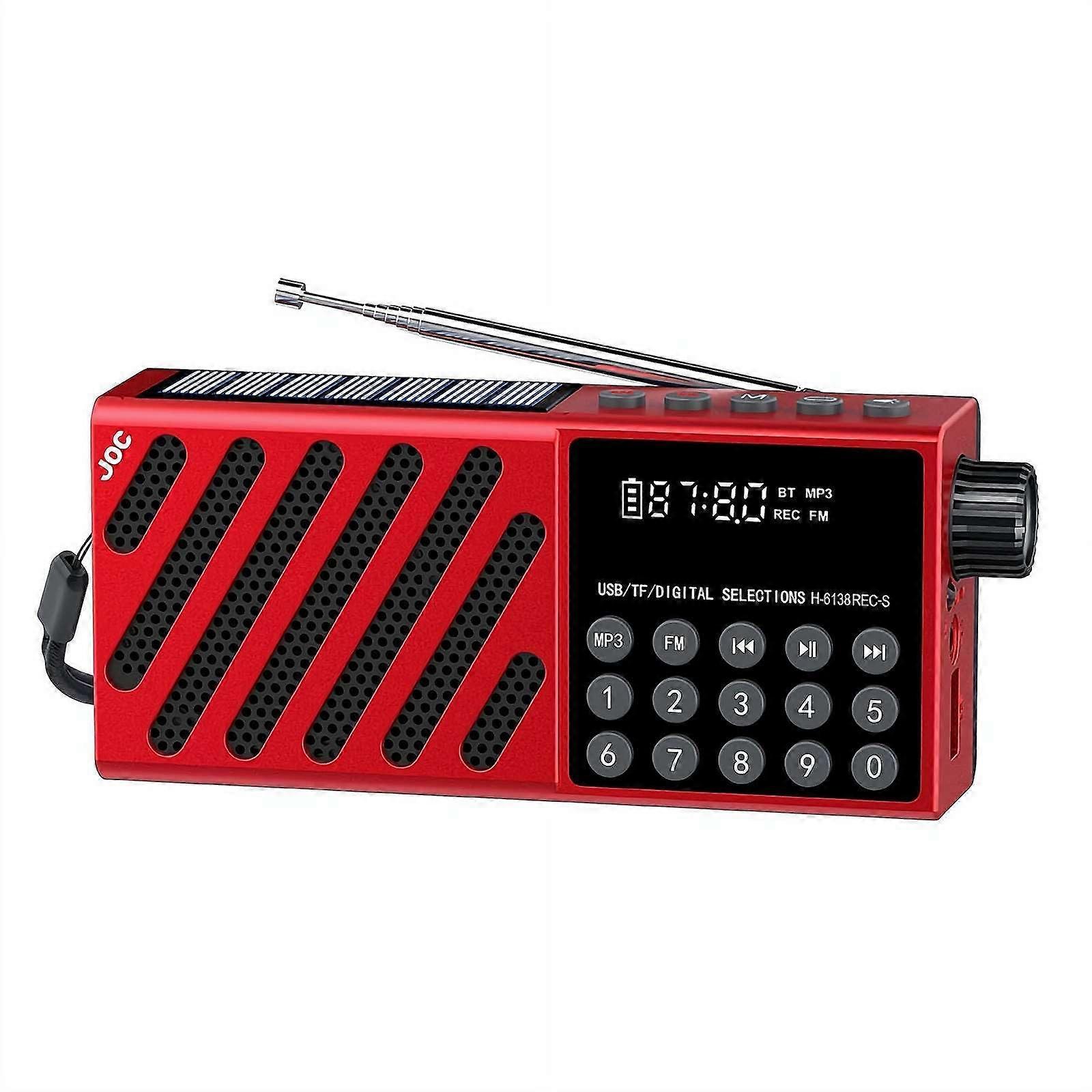 Portable FM Radio Solar Charging Pocket Radio Bluetooth 5.4 Wireless Strong Magnetic Speaker With USB TF Card Player Red