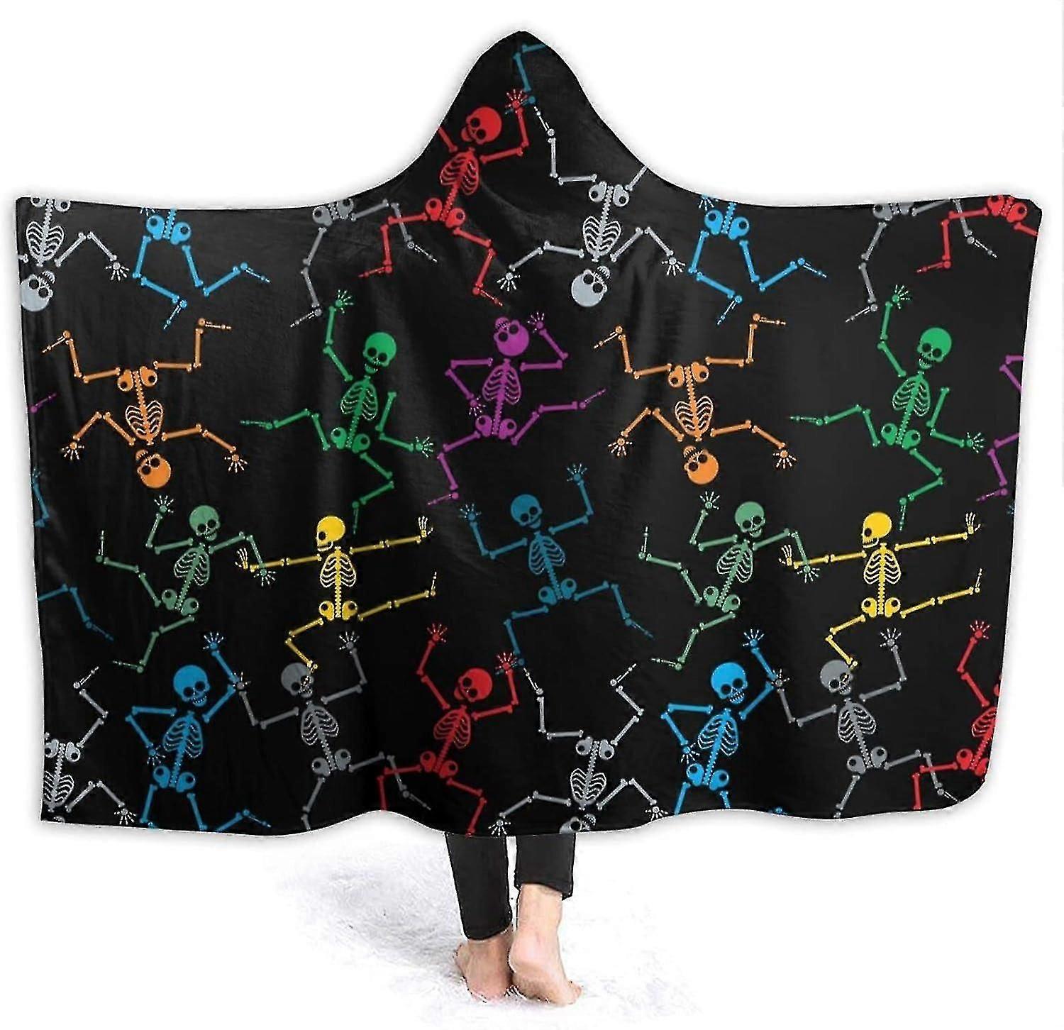 Cobertor Dança Caveira Colorido Cobertor Com Capuz Macio Pelúcia Cobertor Vestível Quente Com Capuz Robe Poncho Capa Envoltório Roupão Sofá Dormir Manta Roupa De Cama De Flanela