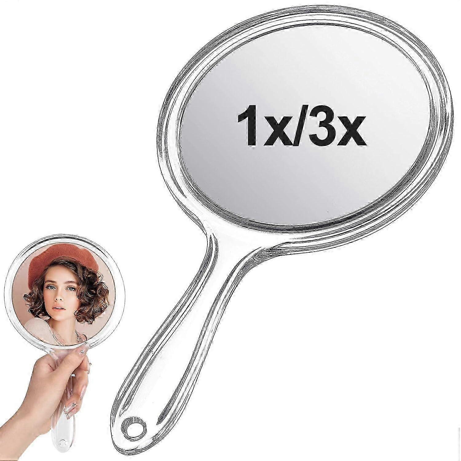 25-26 Hand Mirror Double-Sided 1X/3X Magnification Round Transparent Handle Portable Travel Mirror Multi-Purpose Daily Makeup