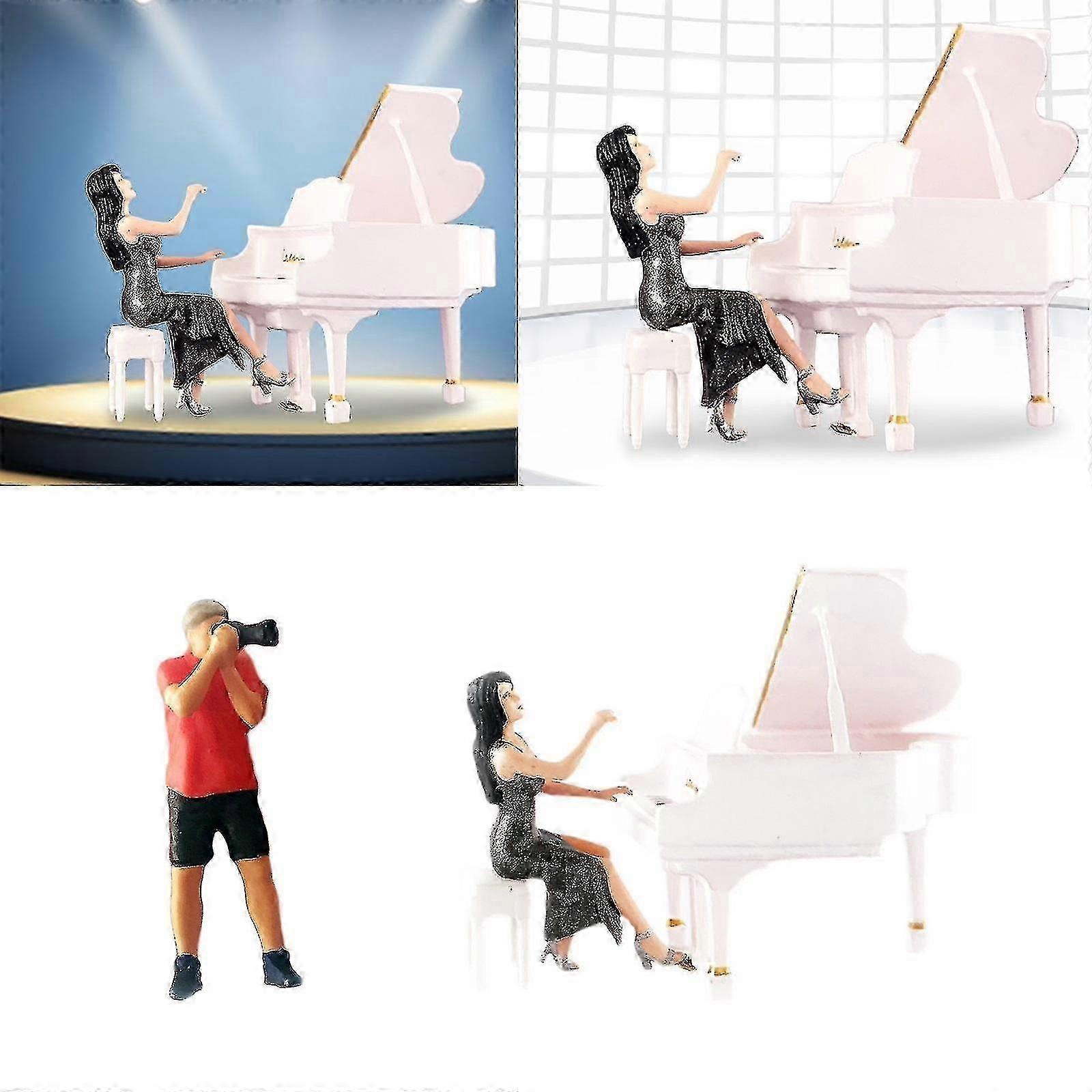 Set Of 2 1:64 Scale Figures Resin Pianist Take Photo Doll Character Layout