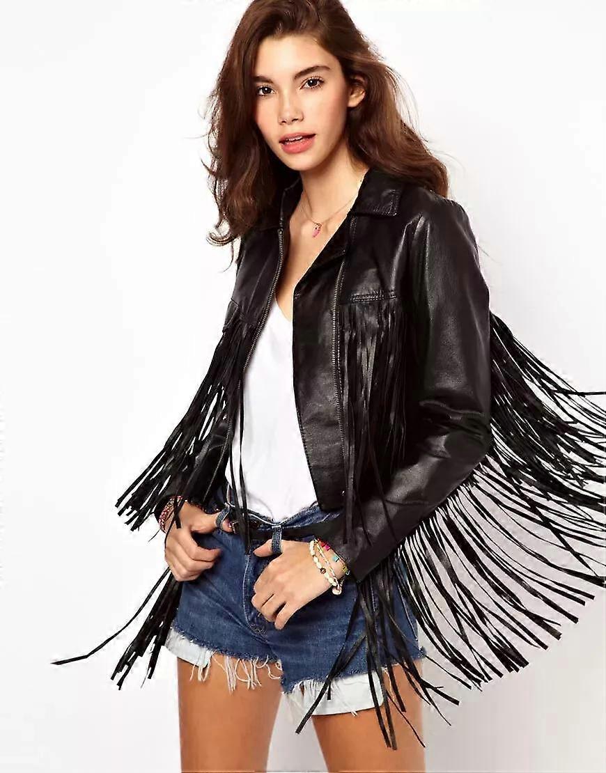 Fringe Jacket Dames Zwarte Jas Motorfiets Biker Echt Lamsleer