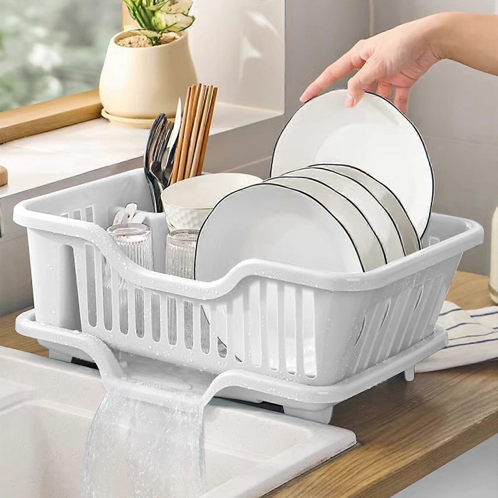 Dish Drying Rack with Drainboard, Adjustable Sink Spout, Utensil Holder & Knife Slots - Compatible with Kitchen Counter Sinks