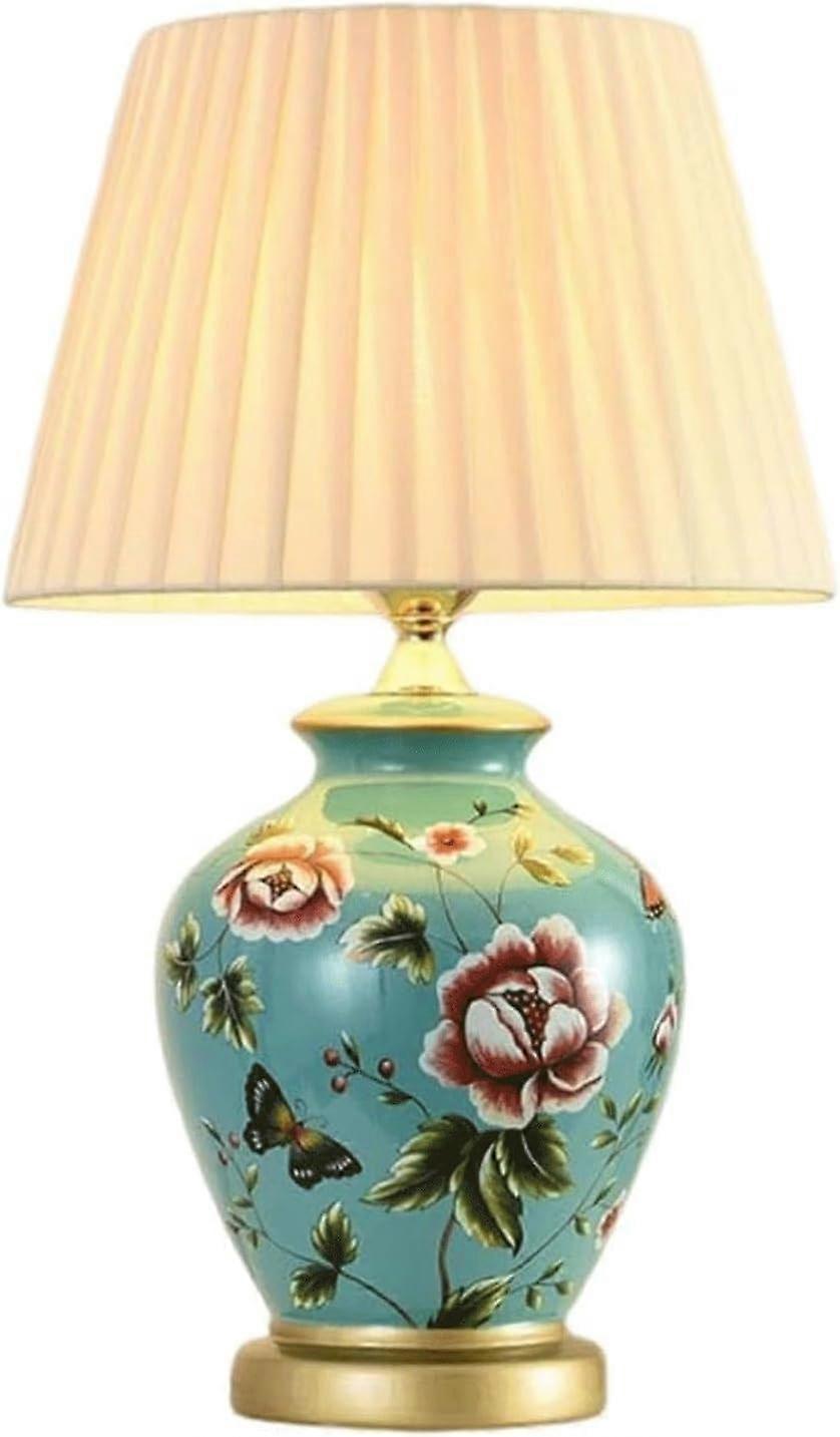 Chinoiserie Ceramic Table Lamp HandPainted Floral and Bird Design with Fabric Shade for Bedroom